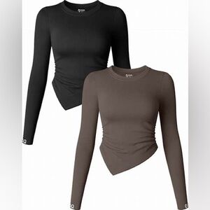 🆕 OQQ Lot 2 Asymmetrical Long Sleeve Fitted Knit Tops - Black and Brown
